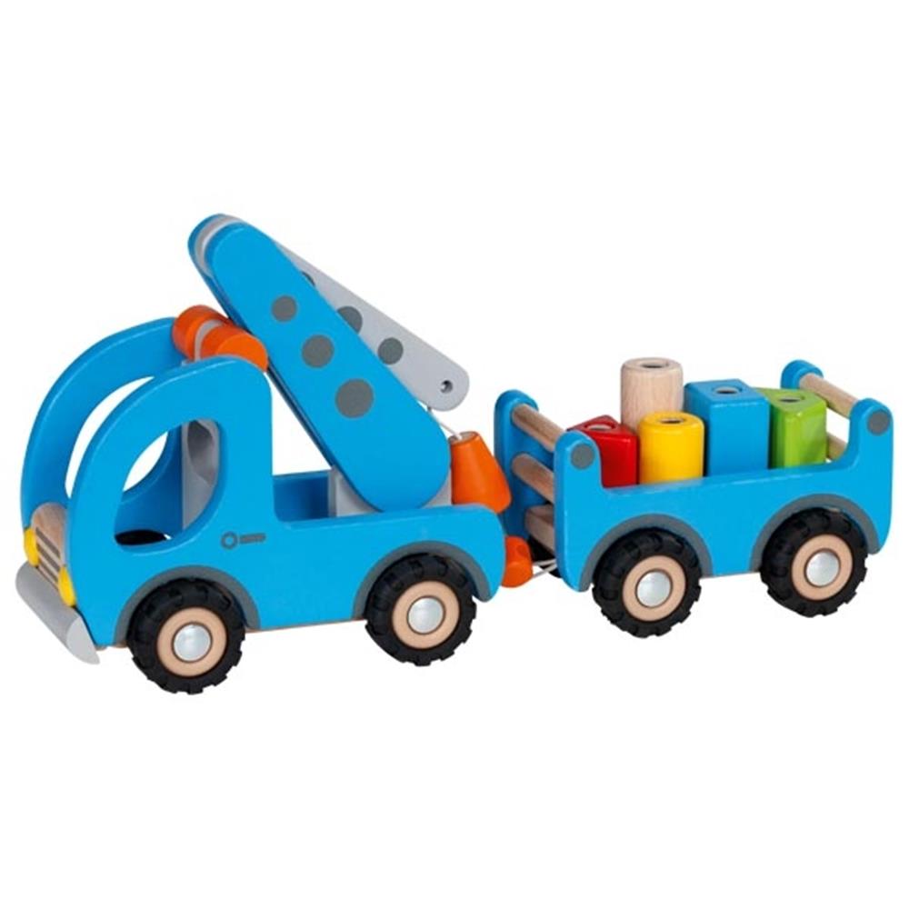 Goki Baufahrzeug aus Holz - Kranwagen mit Anhänger
