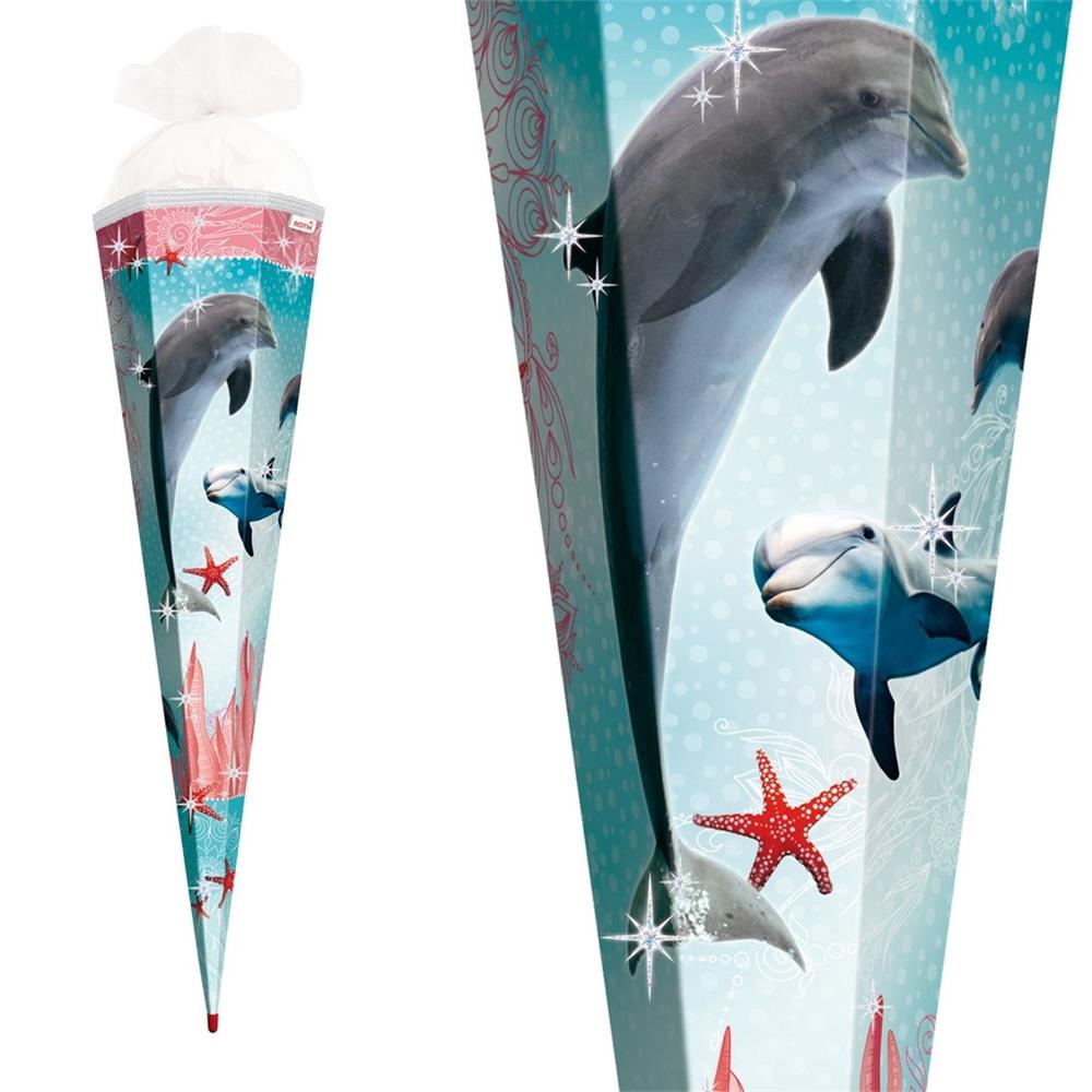 Roth Schultüte Delfin & Seesterne, 85cm, eckig, Rot(h)-Spitze, Tüllverschluss, Glitter, Glitzerborte