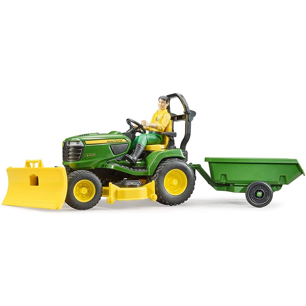 Bruder 62104 - bworld John Deere Aufsitzrasenmäher mit Anhänger und Gärtner