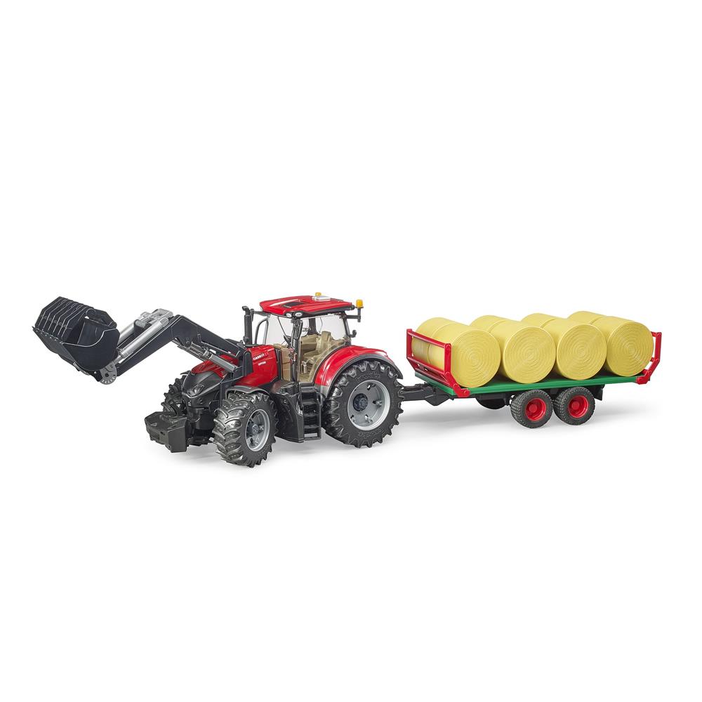 Bruder 03198 - Case IH Optum 300CVX mit Frontlader und Ballentransportanhänger mit 8 Rundballen