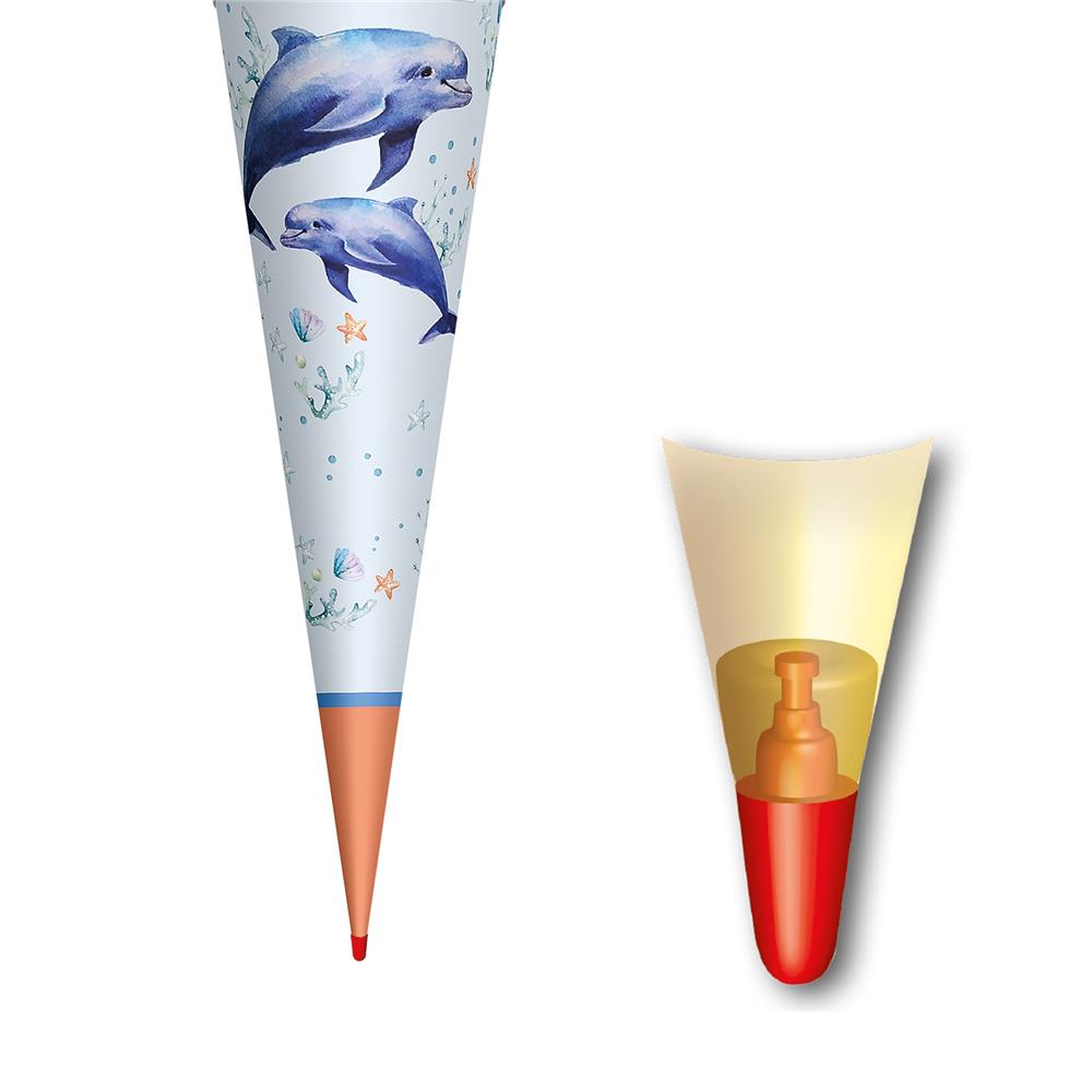 Roth Schultüte Lieblingsstück Delfin Duo, 70cm, rund, mit Rot(h)-Spitze und blauem Stoffverschluss
