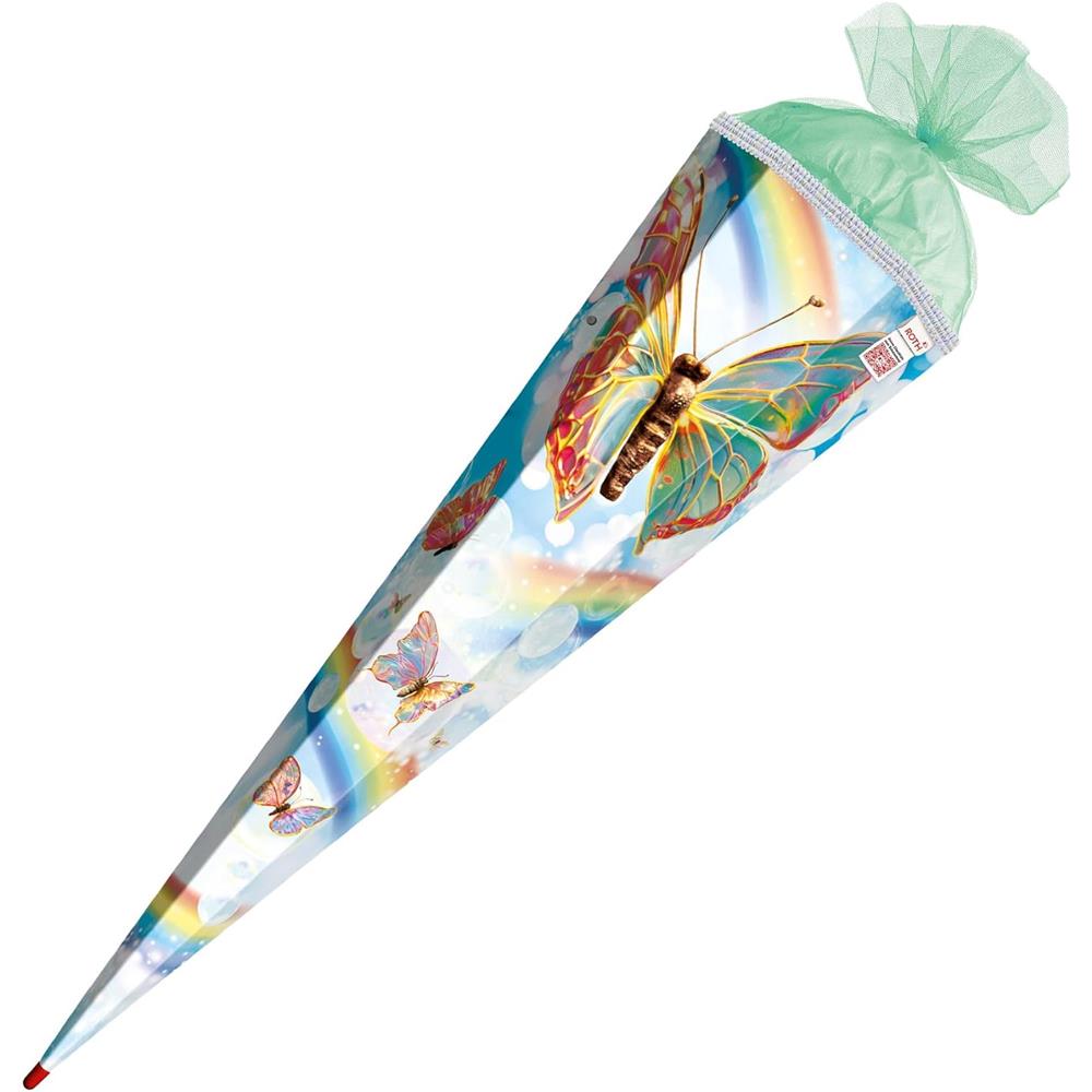 Roth Schultüte Rainbow Butterfly, 85cm, eckig, Rot(h)-Spitze, Tüllverschluss, Glitzerborte, mit Sound