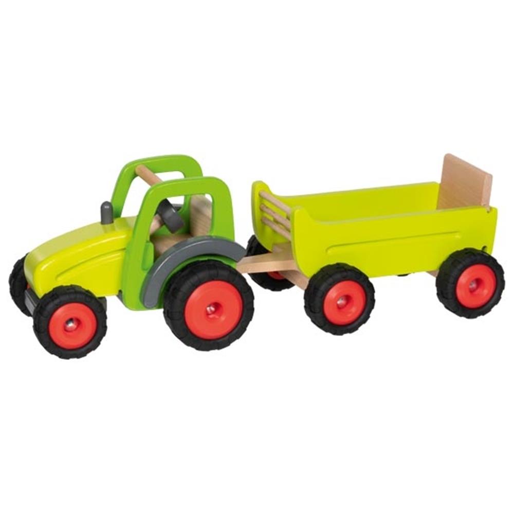 Goki Bauernhoffahrzeug aus Holz - Traktor mit Anhänger