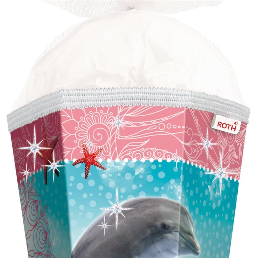 Roth Schultüte Delfin mit Seesternen, 85cm, eckig, Rot(h)-Spitze, Tüllverschluss, Glitter, Glitzerborte