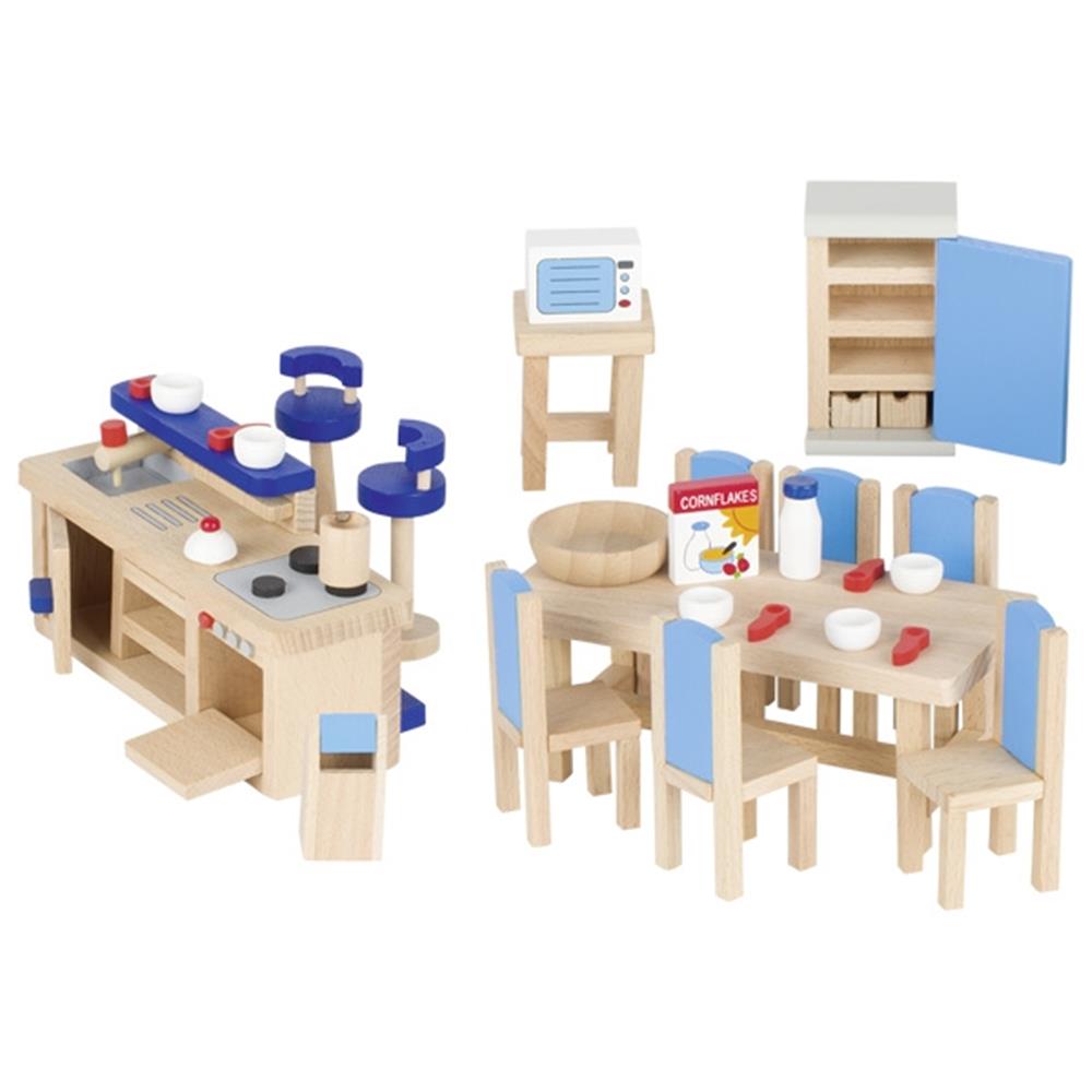 goki Puppenmöbel Küche, 30-teiliges Puppenhauszubehör aus Holz