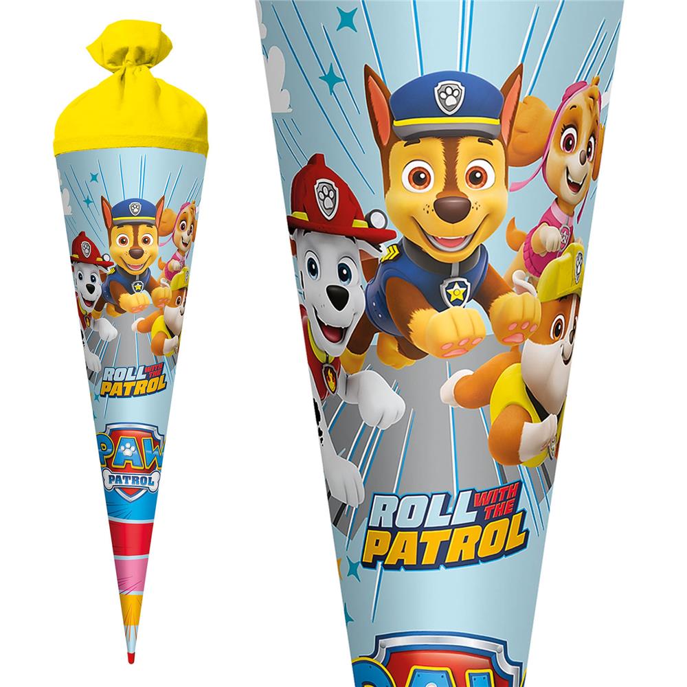 Roth Schultüte Paw Patrol, 70cm, rund, mit Rot(h)-Spitze und gelbem Filzverschluss