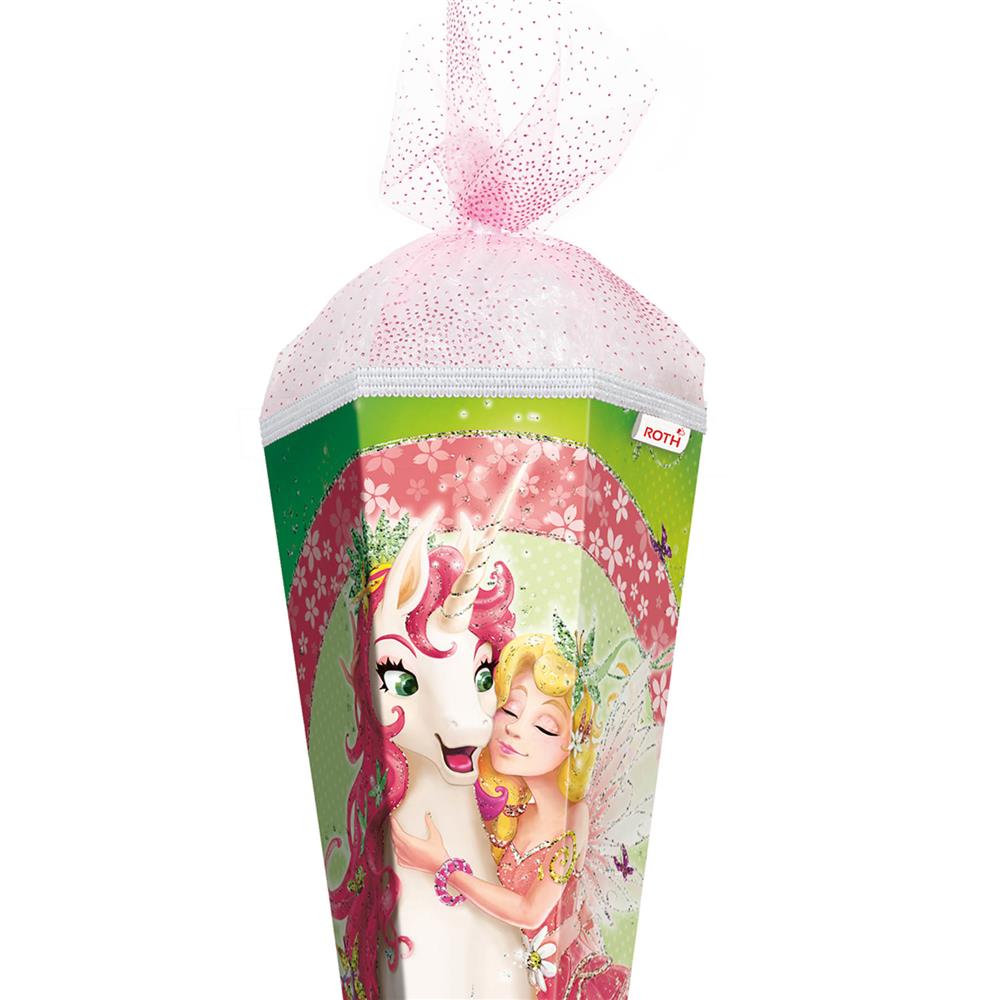 Roth Schultüte Einhornglück, 85cm, eckig, Rot(h)-Spitze, Tüllverschluss, Glitzer, Glitzerborte