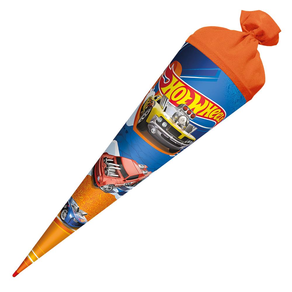 Roth Schultüte Hot Wheels, 70cm, rund, mit Rot(h)-Spitze und orangefarbigem Filzverschluss