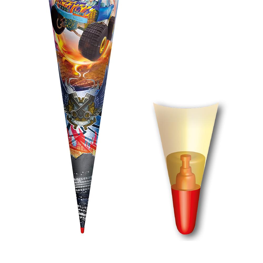 Roth Schultüte Monstertruck Fire, 70cm, rund, Rot(h)-Spitze, Filzverschluss, Folieneffekt