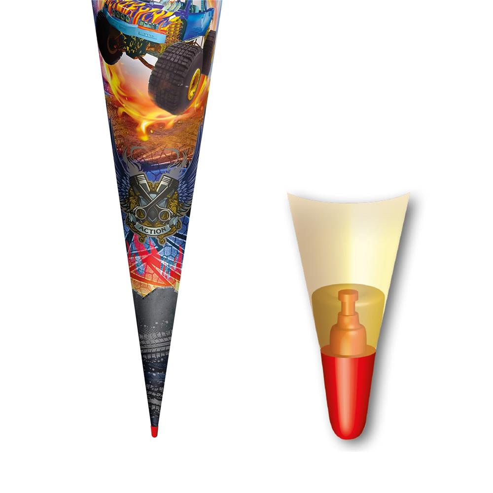 Roth Schultüte Monstertruck Fire, 70cm, rund, Rot(h)-Spitze, Filzverschluss