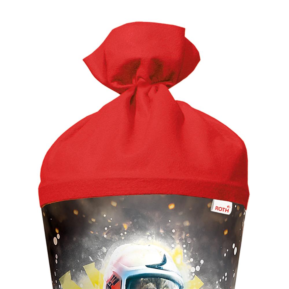 Roth Schultüte Feuerwehrmann, 70cm, rund, Rot(h)-Spitze, Filzverschluss, Folieneffekt