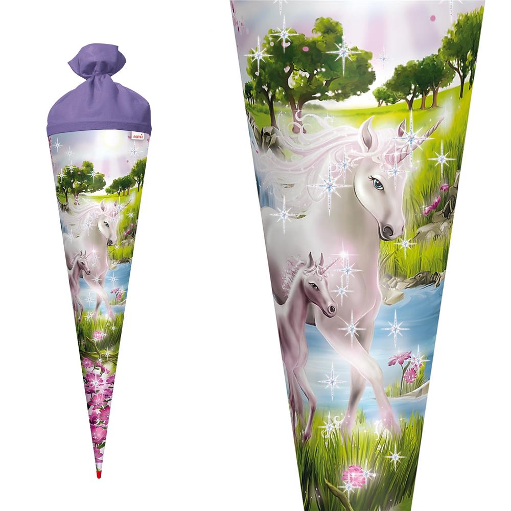 Roth Schultüte Einhorn mit Fohlen, 70cm, rund, Rot(h)-Spitze, Filzverschluss, Glitter
