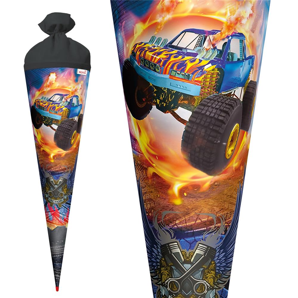 Roth Schultüte Monstertruck Fire, 70cm, rund, Rot(h)-Spitze, Filzverschluss