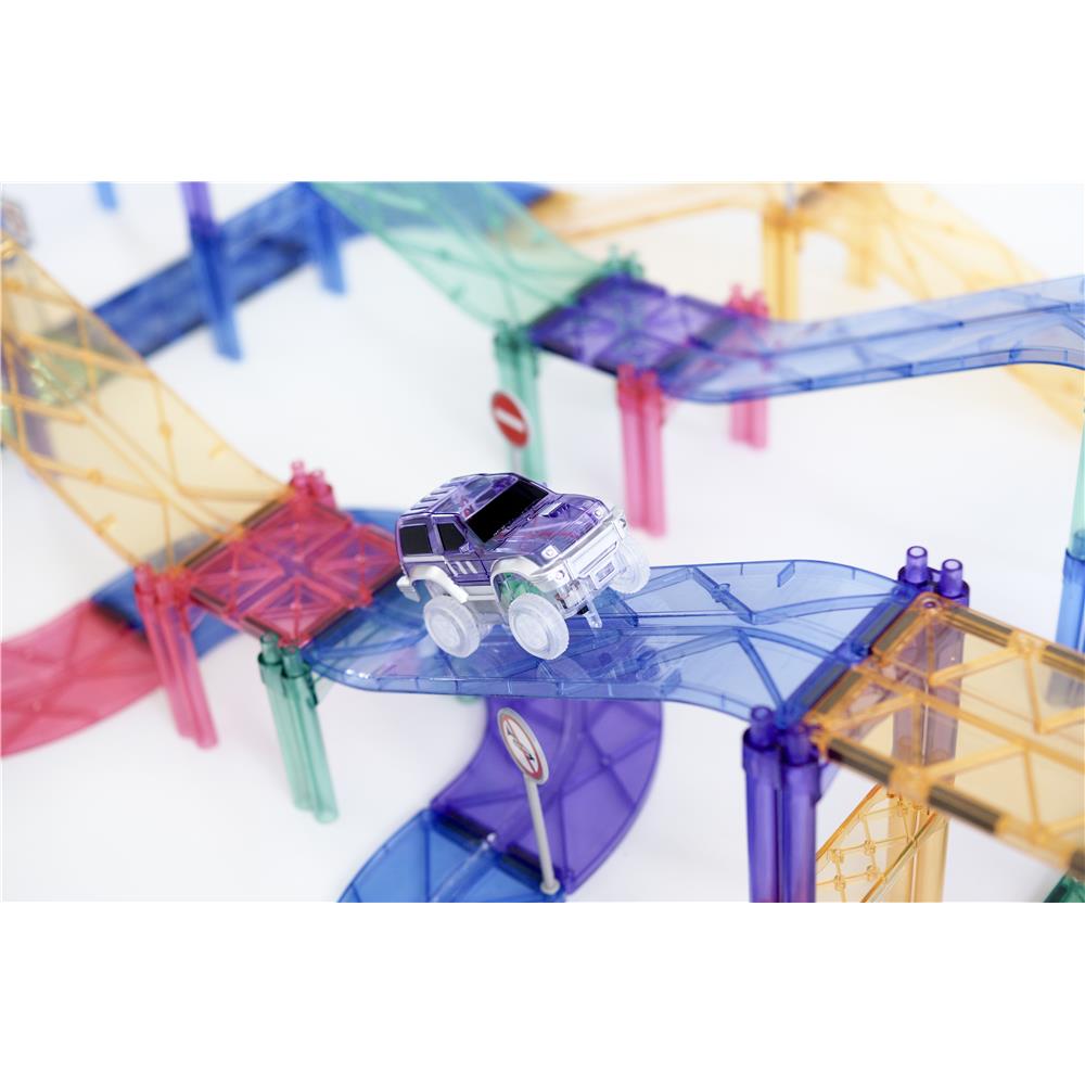 Cleverclixx Autobahn-Bausatz in Pastellfarben 80 Teile, Magnetspielzeug Rennstrecke mit Auto & Verkehrsschilder