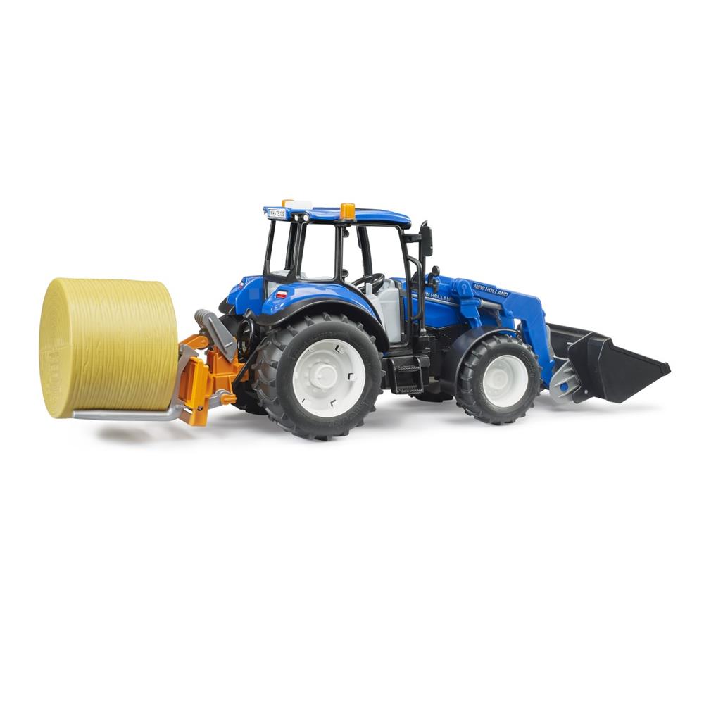 Bruder 02187 - New Holland T5.120 mit Frontlader, Ladekasten, Gabeln und Rundballen, 1:16, Traktor