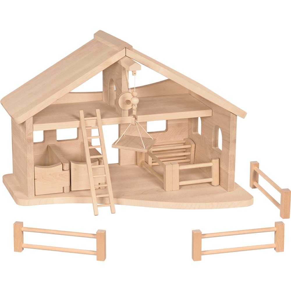 Holztiger Stall mit Seilwinde, Bauernhof, Holzspielzeug, ab 3 Jahren