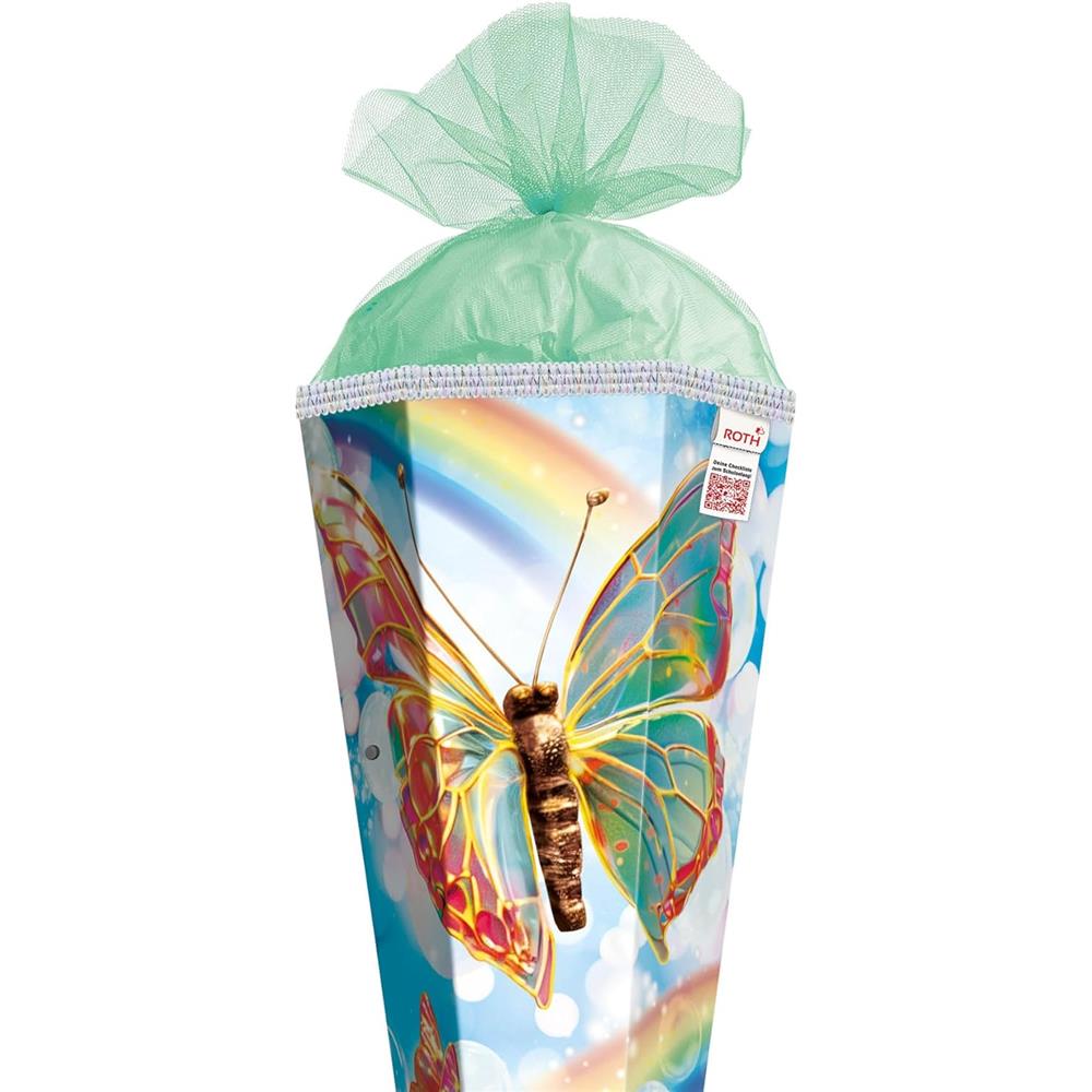 Roth Schultüte Rainbow Butterfly, 85cm, eckig, Rot(h)-Spitze, Tüllverschluss, Glitzerborte, mit Sound
