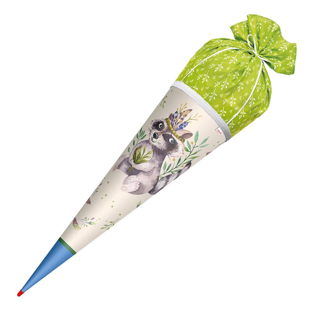 Roth Schultüte Lieblingsstück Willi Waschbär, 70cm, rund, mit Rot(h)-Spitze und grünem Stoff