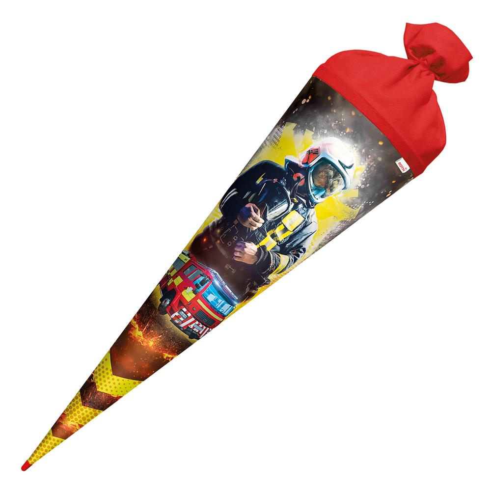 Roth Schultüte Feuerwehrmann, 70cm, rund, mit Rot(h)-Spitze und rotem Filzverschluss