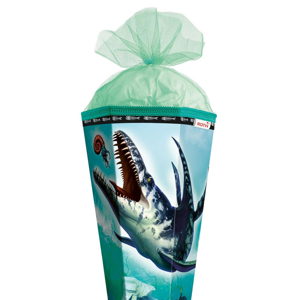 Roth Schultüte Dino Mosasaurus, 85cm, eckig, mit Rot(h)-Spitze, blauem Tüllverschluss + Spezialborte