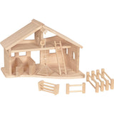 Holztiger Stall mit Seilwinde Holzspielzeug Bauernhof