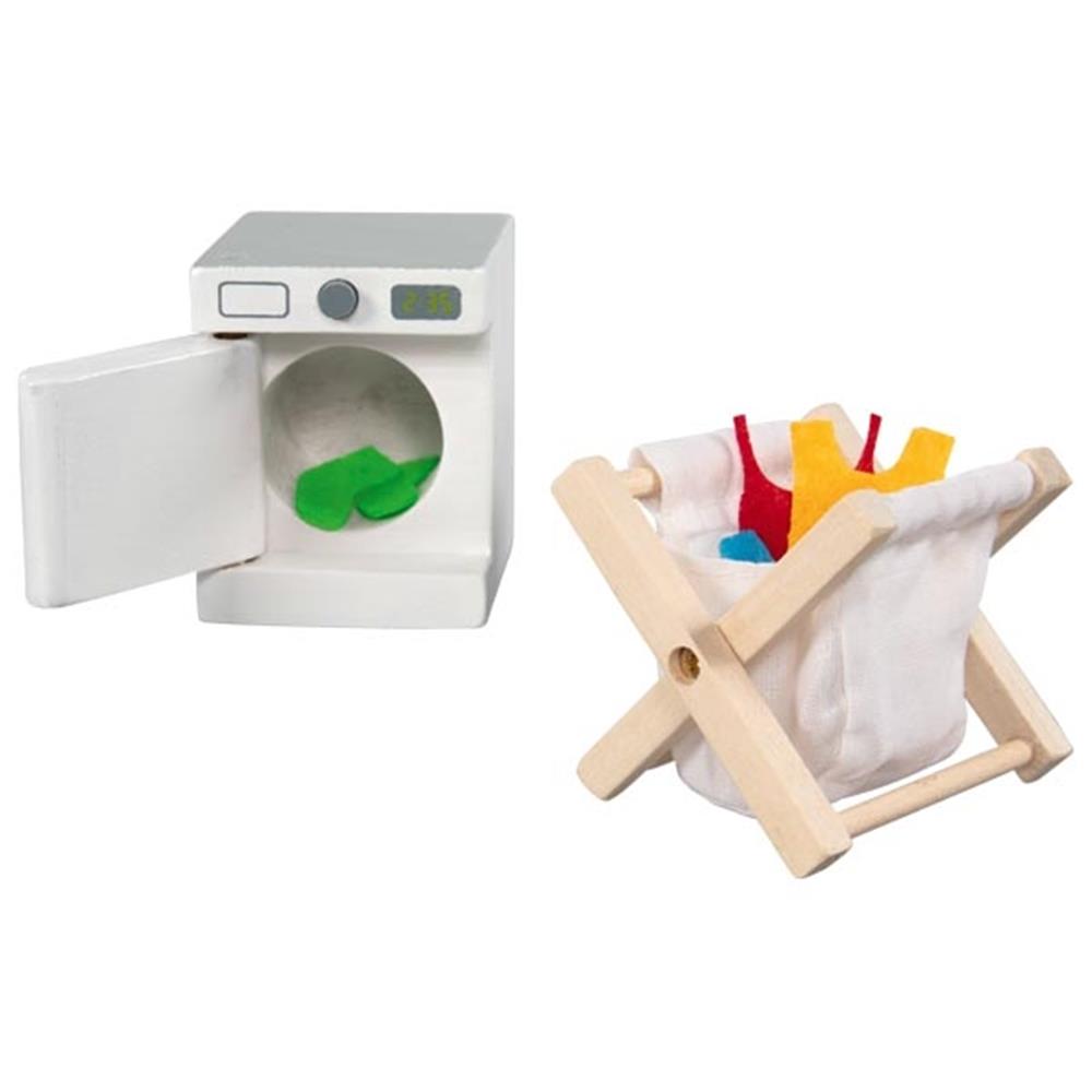 Goki Accessoires Waschküche, 29-teiliges Puppenhauszubehör aus Holz