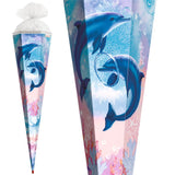 Roth Schultüte Delfine, 85cm, eckig, Rot(h)-Spitze, Tüllverschluss