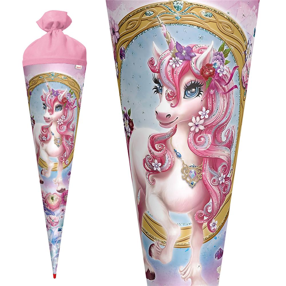 Roth Schultüte Einhorn Beauty, 70cm, rund, Rot(h)-Spitze, Filzverschluss, Glitter