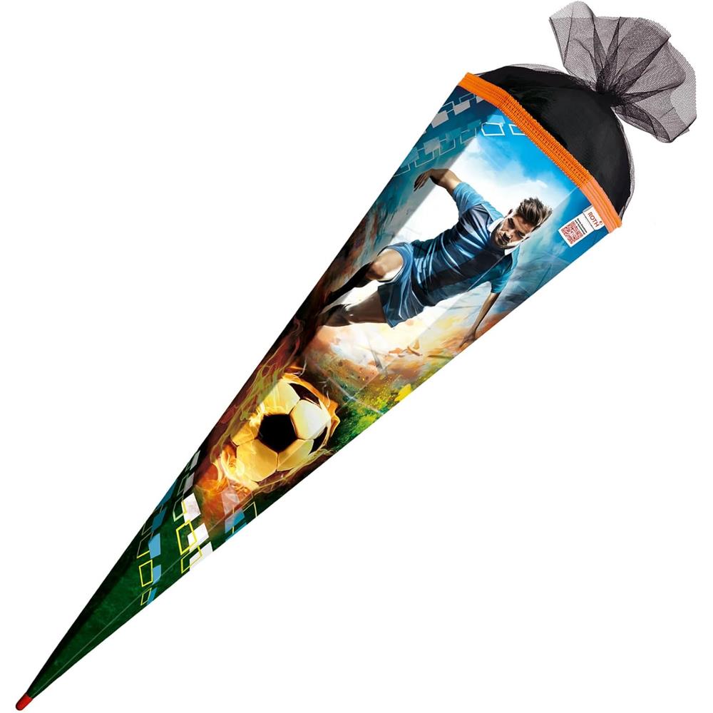 Roth Schultüte Fußballer/Soccer, 85cm, eckig, Rot(h)-Spitze, Tüllverschluss