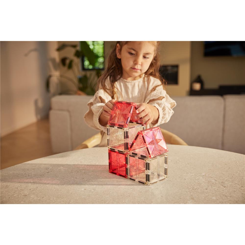 Cleverclixx Glitter Tiles Pack Transparent Rosa 16 Teile, magnetische Glitzer Bausteine, erweiterbare Sets