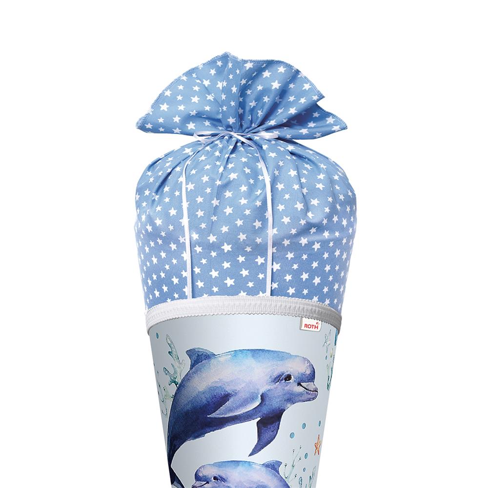 Roth Schultüte Lieblingsstück Delfin Duo, 70cm, rund, mit Rot(h)-Spitze und blauem Stoffverschluss