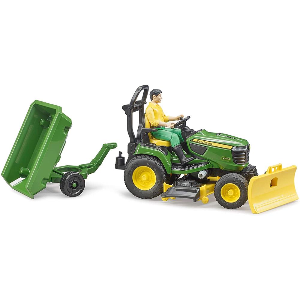 Bruder 62104 - bworld John Deere Aufsitzrasenmäher mit Anhänger und Gärtner