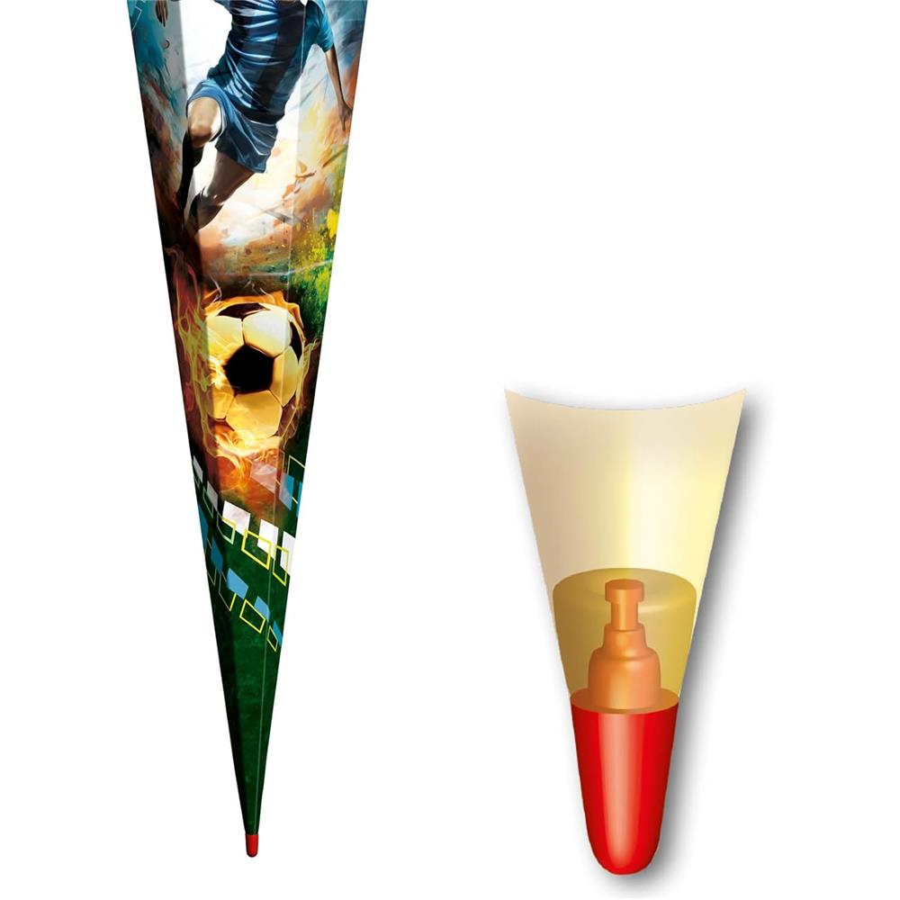 Roth Schultüte Fußballer/Soccer, 85cm, eckig, Rot(h)-Spitze, Tüllverschluss, mit Sound