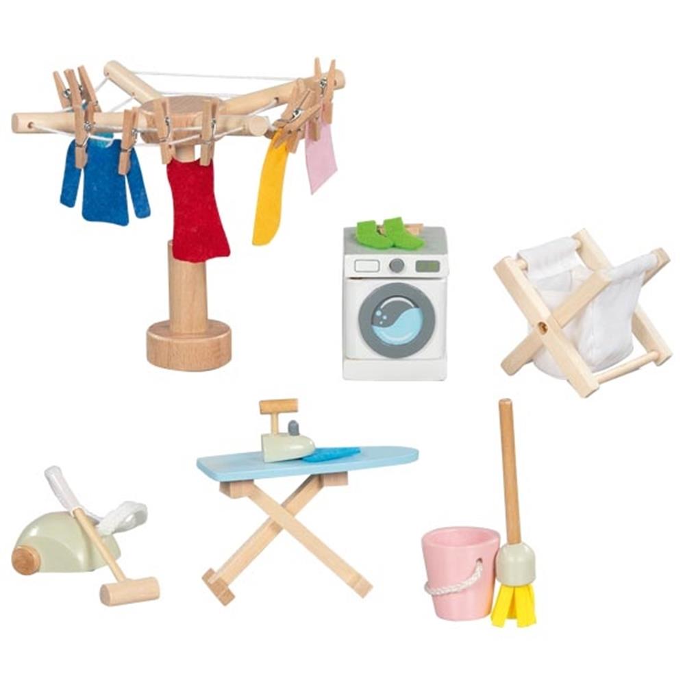 Goki Accessoires Waschküche, 29-teiliges Puppenhauszubehör aus Holz