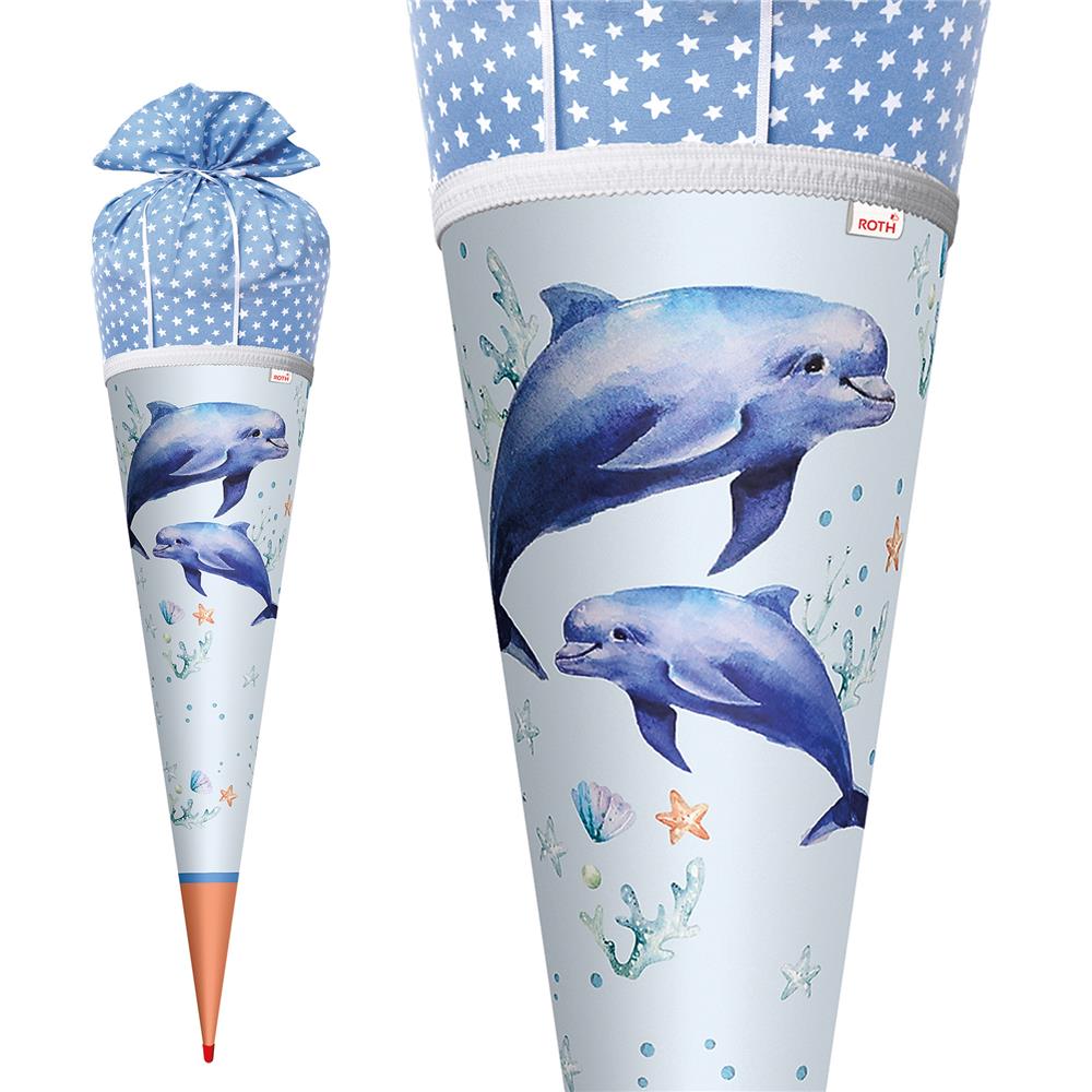 Roth Schultüte Lieblingsstück Delfin Duo, 70cm, rund, mit Rot(h)-Spitze und blauem Stoffverschluss