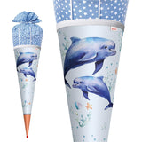 Roth Schultüte Lieblingsstück Delfin Duo, 70cm, rund, mit Rot(h)-Spitze und blauem Stoffverschluss