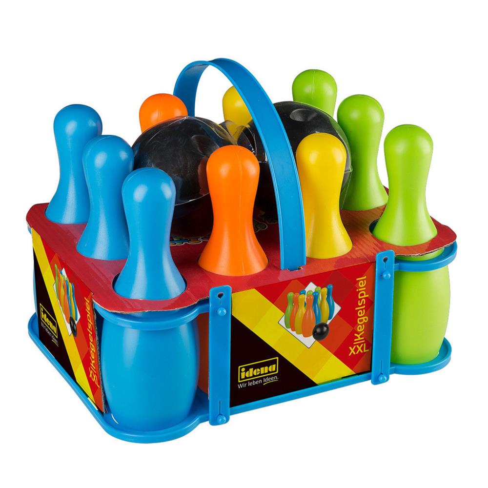 Idena Kegelspiel-Set XXL Bowling für Kinder 10 Kegel aus Kunststoff 2 Kugeln für Drinnen und Draußen mit Tragekorb