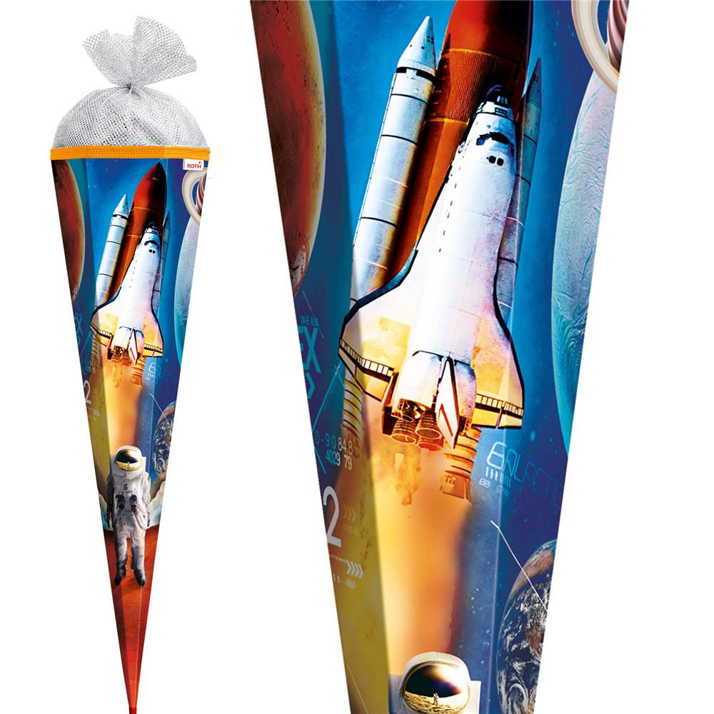 Roth Schultüte Weltraum, 85cm, eckig, Rot(h)-Spitze, Tüllverschluss (Silbertüll)