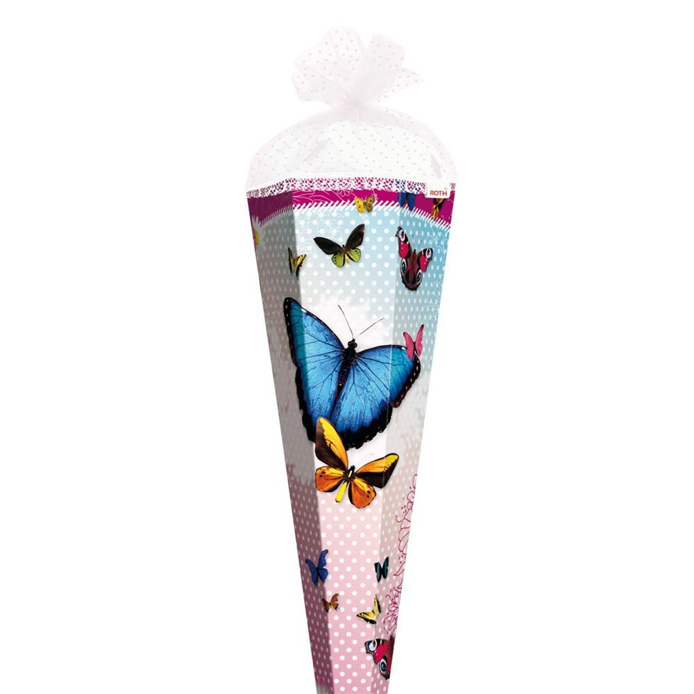 Roth Schultüte Butterfly, 85cm, eckig, Rot(h)-Spitze, Tüllverschluss, Glitter, Rüschenborte