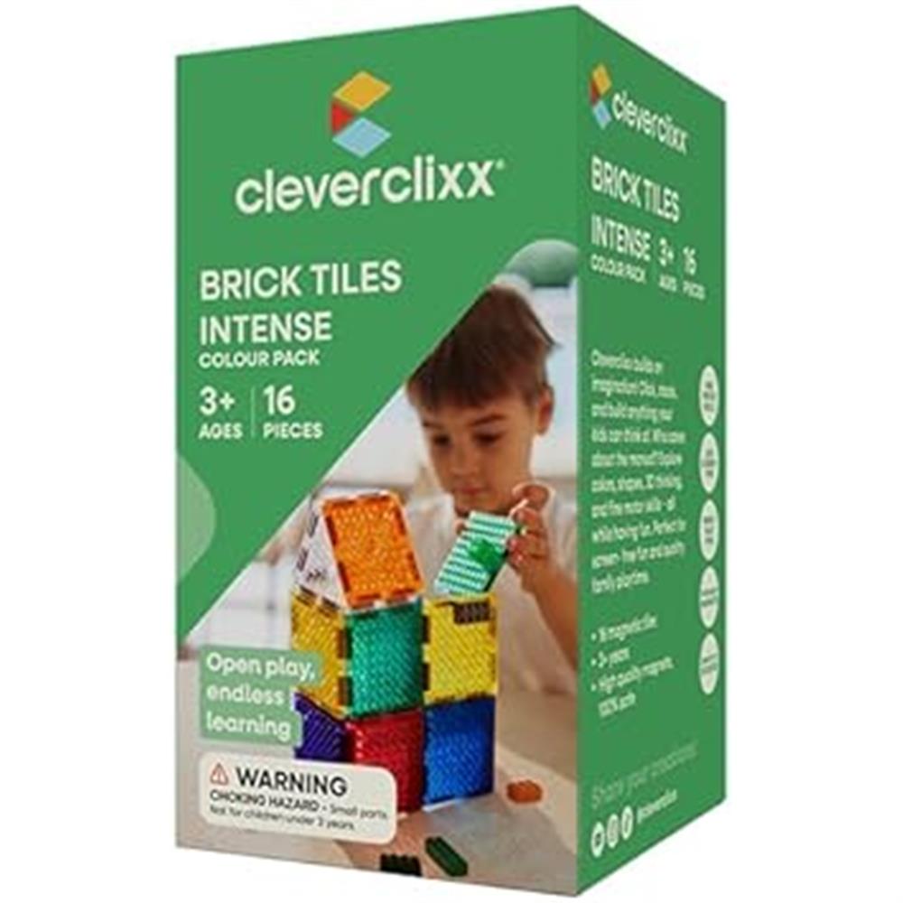 Cleverclixx Brick Tiles Pack Knallfarben 16 Teile, magnetische Steckbauteile, kompatibles Magnetspielzeug