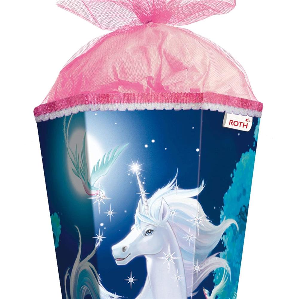 Roth Schultüte Mondscheineinhorn mit Glitter, 85cm, eckig, mit Rot(h)-Spitze und rosa Tüllverschluss