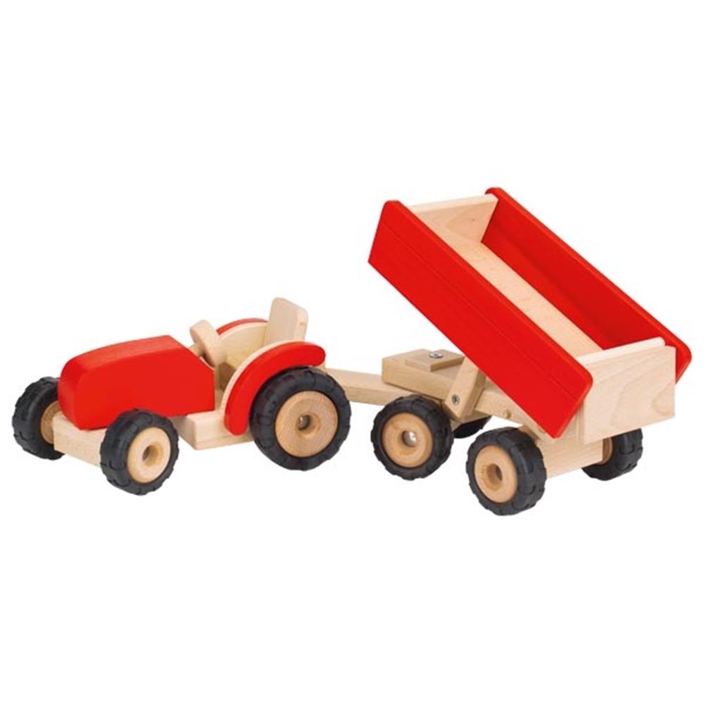 Goki Bauernhoffahrzeug aus Holz - Traktor mit Anhänger, rot