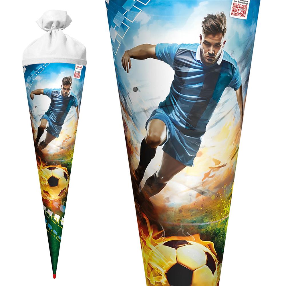 Roth Schultüte Fußballer/Soccer, 70cm, rund, Rot(h)-Spitze, Filzverschluss, mit Sound