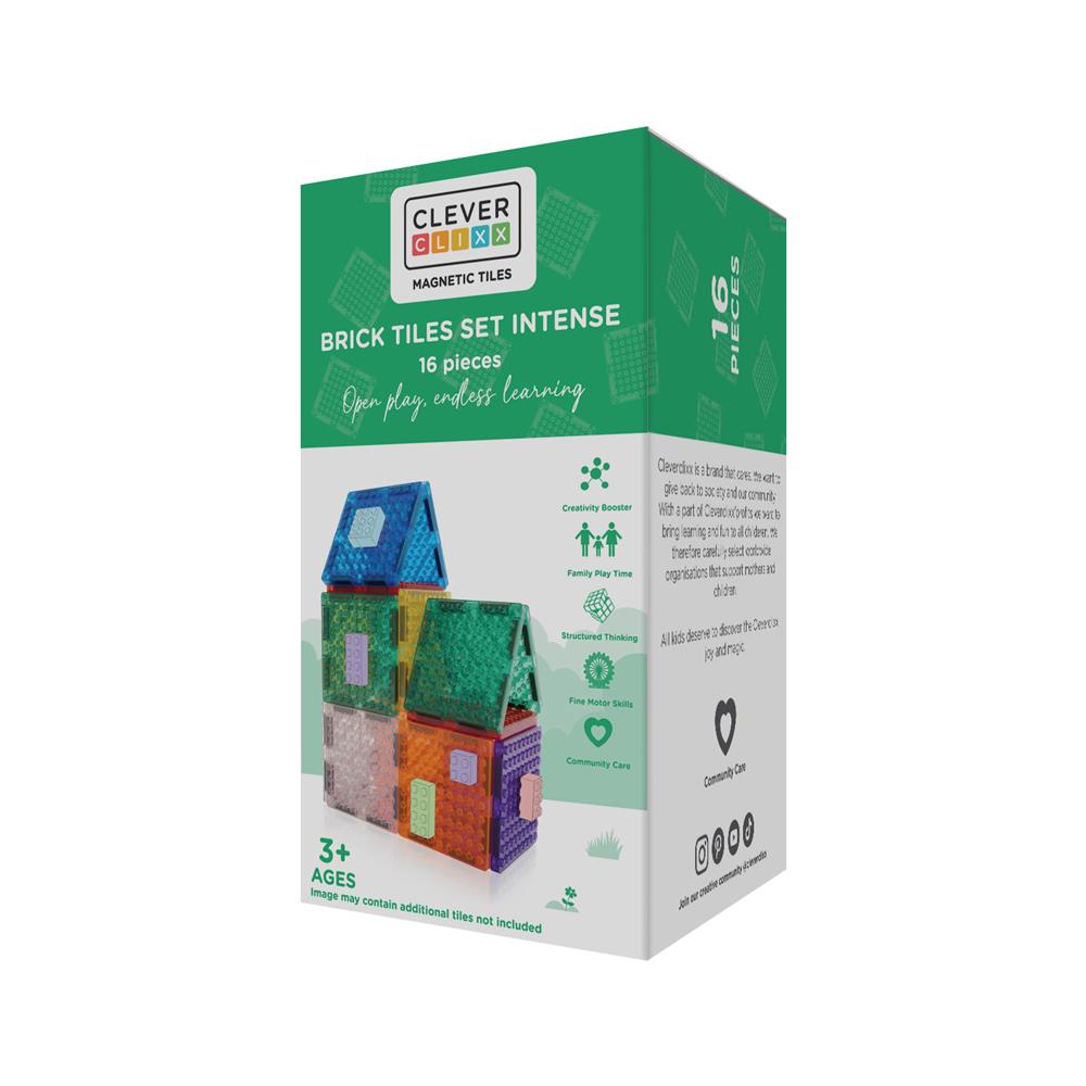 Cleverclixx Brick Tiles Pack Knallfarben 16 Teile, magnetische Steckbauteile, kompatibles Magnetspielzeug
