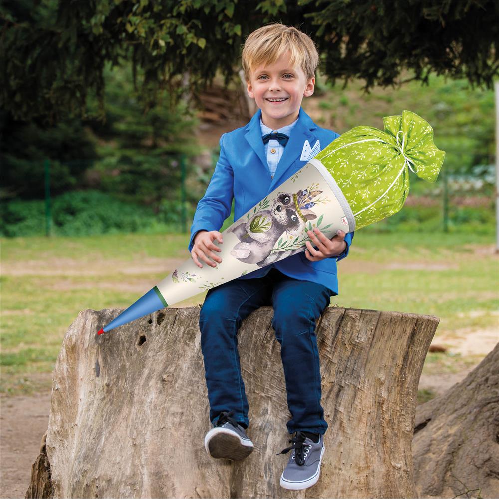 Roth Schultüte Lieblingsstück Willi Waschbär, 70cm, rund, mit Rot(h)-Spitze und grünem Stoff