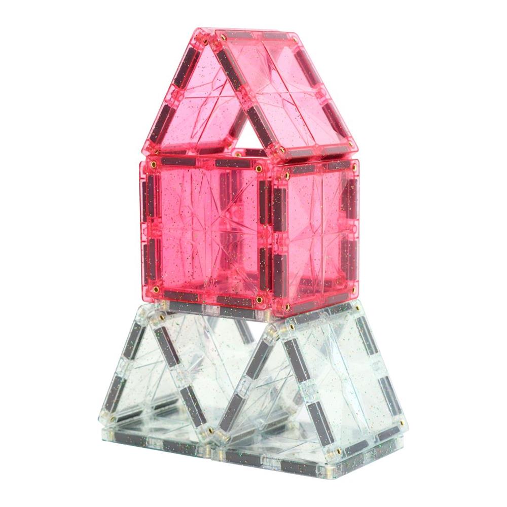 Cleverclixx Glitter Tiles Pack Transparent Rosa 16 Teile, magnetische Glitzer Bausteine, erweiterbare Sets