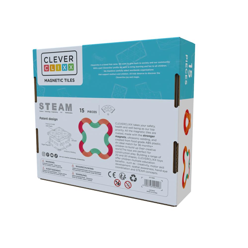 Cleverclixx Autobahn-Bausatz Erweiterungsset 15 Kurven Knallfarben, Rennstrecke, magnetische Bausteine