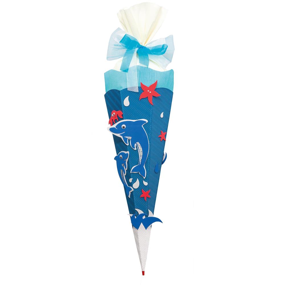 Roth Schultüte-Bastelset, Delfin, 68cm, eckig, Rot(h)-Spitze, Kreppverschluss