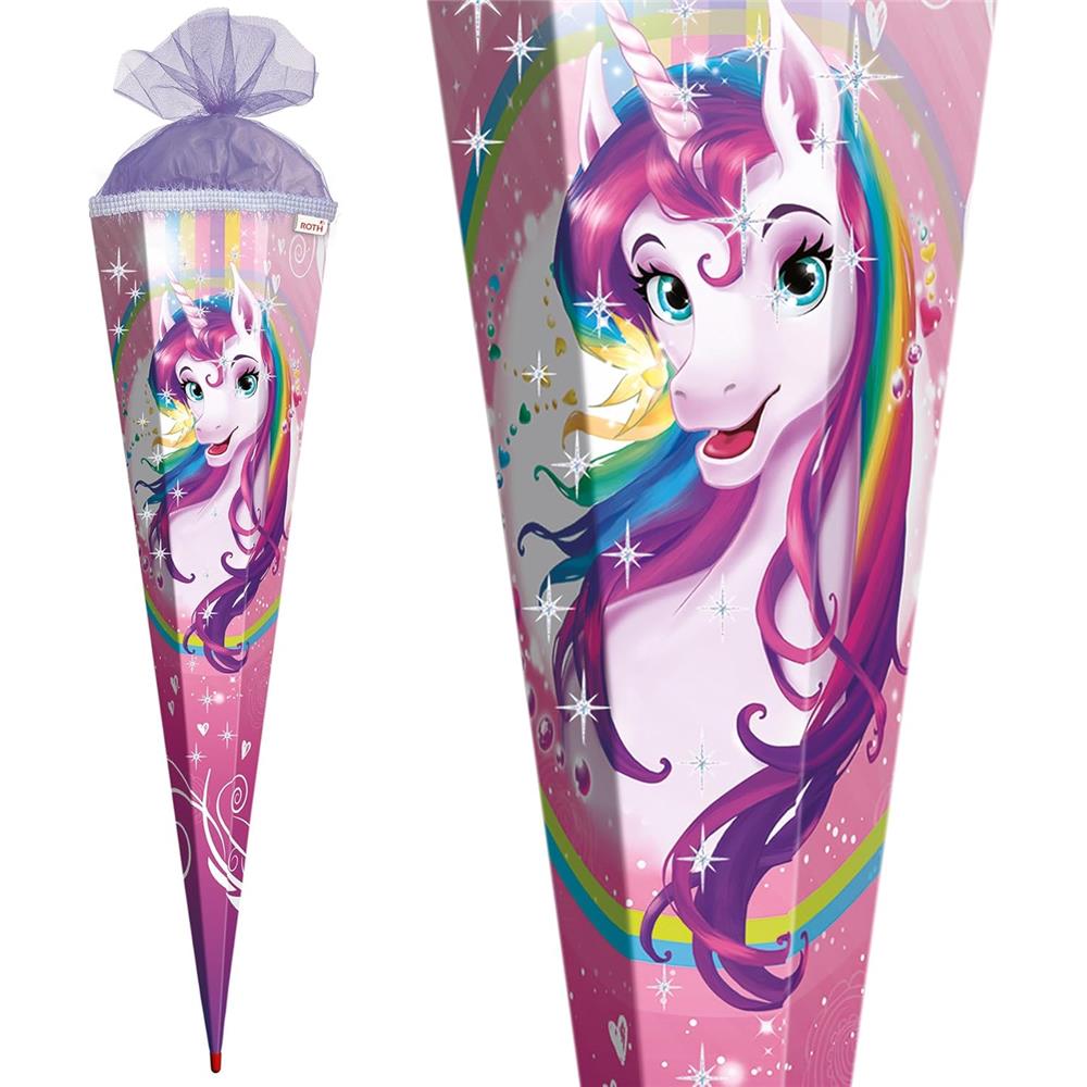 Roth Schultüte Einhornportrait mit Glitter, 85cm, eckig, mit Rot(h)-Spitze und lila Tüllverschluss