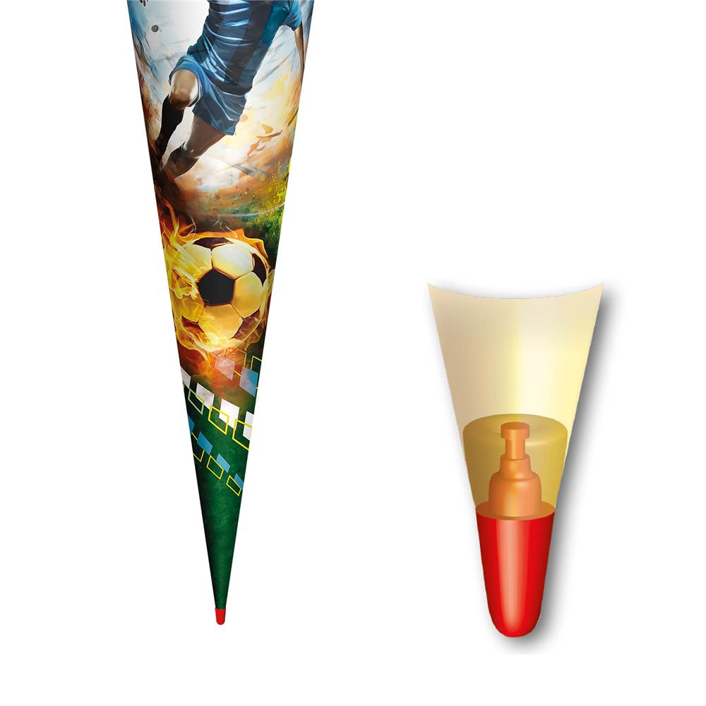 Roth Schultüte Fußballer/Soccer, 70cm, rund, Rot(h)-Spitze, Filzverschluss, mit Sound